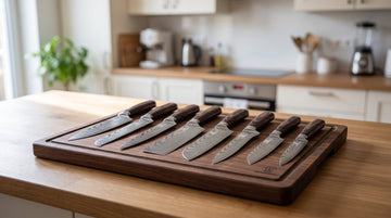 Forskellige knivtyper ved siden af hinanden på et skærebræt: kokkekniv, santoku, nakiri, brødkniv og filetkniv