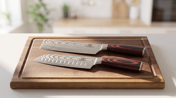 Nakiri- og Santoku-kniv ved siden af hinanden på et skærebræt af træ