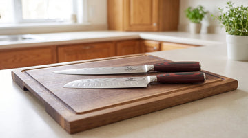 Gyuto- og Santoku-kniv ved siden af hinanden på et skærebræt af træ med synlig længdeforskel